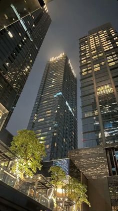 two tall skyscrapers are lit up at night in an urban area with trees and buildings