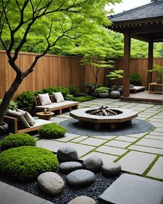 a garden with rocks, grass and benches