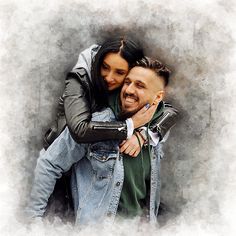 a man and woman hugging each other in front of a gray background with watercolor effect