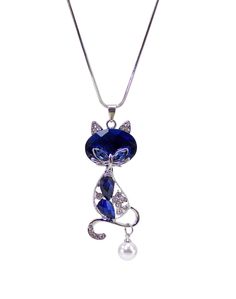 Cute crystal cat pendant necklace in blue crystals and a dangling white pearl.  The cat has crystal eyes and mixed with clear crystals on it's body, tail, and ears.  It is suspended from a long polished silver plated snake chain.  A great casual or dressy accent piece and perfect for cat lovers!   Chain length is 29 inches Pendant is approximately 2.31 inches long x .98 inches wide Silver plated with rhodium plating Elegant Party Jewelry With Cat Design, Elegant Cat Design Jewelry For Party, Elegant Blue Crystal Necklace With Adjustable Chain, Blue Jewelry With Cat Design For Gift, Blue Cat Design Jewelry As Gift, Blue Crystal Pendant Necklace With Adjustable Chain, Blue Cat Design Jewelry For Gift, Elegant Blue Crystal Pendant Necklace, Tail And Ears