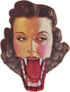 an image of a woman with her mouth open and teeth wide open to the side