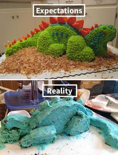 there are two cakes that look like dinosaurs