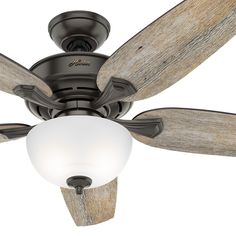 a ceiling fan with two wooden blades and a white light