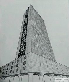 a black and white drawing of a tall building