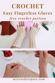 crochet fingerless gloves with text that says easy fingerless gloves free crochet pattern