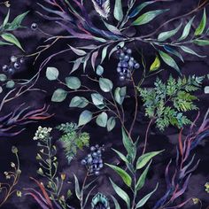 watercolor painting of plants and berries on a black background