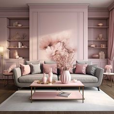 a living room filled with furniture and pink walls