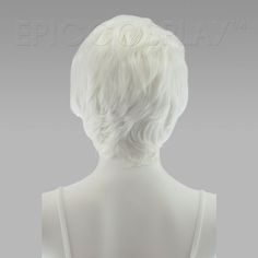 Hermes Classic White Pixie Hair Wig The 12" short Classic White pixie hair has naturally feathered layers all throughout, giving it a textured look and making it perfect for voluminous and spiked styles. This style extends down at the nape of the neck to hide any existing hairline. Short bangs in the front are easy to style upwards or flat against the forehead with the help of a flat iron or blow dryer, allowing this Classic White pixie hair to be versatile and used for a variety of different lo White Hair Wigs For Men, White Human Hair Wig, Gojo Wig Styling, Long White Hair Wig, Realistic White Wig, Hermes Style, Boyish Style, Short Bangs, Female Head