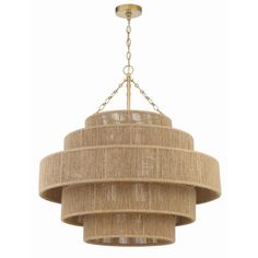 a chandelier hanging from the ceiling with beige fabric and gold chain around it