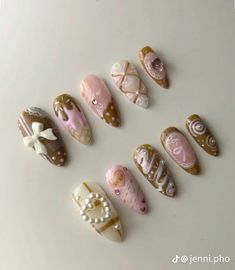 Pink And Brown Acrylic Nails, Nails Inspiration With Charms, Pink And Brown Nails Acrylic, Neapolitan Nails, Neopolitan Nails, Gloomy Bear Nails, Girl Nails Aesthetic, Dessert Nails, Cutecore Fashion