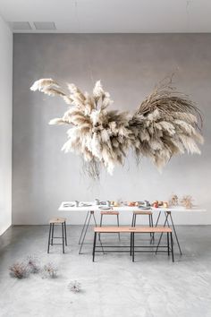 an image of a table with feathers on it