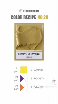 the color recipe no 28 honey mustard is shown in yellow and purple, with an image of