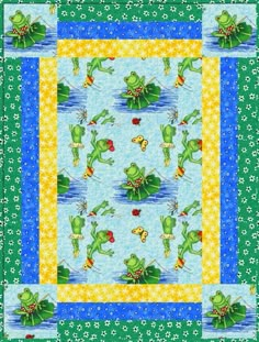 a green frog quilt with blue and yellow flowers on it's border, featuring two frogs