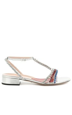 These metallic-silver Bertie sandals from Gucci are embellished with crystals across the straps and set on a modest block heel.Buckle closure around the ankle and a red leather heart on the sole for you to enjoy every time you slip them on and off.Upper: leatherLining: leatherSole: leather insole and sole1.5" heel/ 3,5cm Made in Italy Luxury Block Heels With Crystal Embellishments, Luxury Red Block Heel Sandals, Luxury Gucci Ankle Strap Sandals, Luxury Heels With Crystal Embellishments And Block Heel, Luxury Gucci Block Heel Heels, Luxury Leather Gucci Sandals, Gucci Luxury Flat Sandals, Luxury Silver Embellished Set, Chevron Outfit