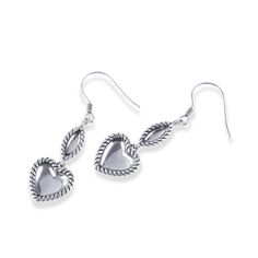 Celebrate your life with this pair of dainty earrings. Crafted in oxidized silver, the necklace shows unique and pristine beauty with its exquisite workmanship. The earring features a heart drop under a marquise-shape frame. Rope design adorns the drop to make it unique. Treat yourself or surprise her with this simple but beautiful piece.Weight: 5.82 gWidth: 12.3 mmHeight: 26 mmThickness: 3.5 mmMaterial: Plating Color: Silver Elegant Nickel Free Double Heart Jewelry, Elegant Nickel-free Double Heart Jewelry, Sterling Silver Teardrop Jewelry With Heart Charm, Sterling Silver Dangle Jewelry With Heart Charm, Elegant Silver Teardrop Heart Earrings, Sterling Silver Heart Pendant For Pierced Ears, Silver Heart Pendant Jewelry With Oxidized Finish, Silver Oxidized Heart Pendant Jewelry, Elegant Heart Jewelry With Oxidized Finish