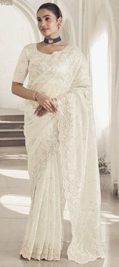 White and Off White color Saree in Net fabric with Resham, Sequence, Thread work Luxury White Shawl Dupatta, Luxury White Shawl With Zari Work, Luxury Traditional Saree With Chikankari Embroidery, White Color Saree, Engagement Reception, Reception Lehenga, Wedding White, Wedding Saree, Net Fabric