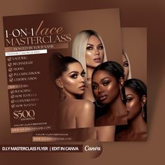 the front and back of a flyer for a hair salon with three women in it