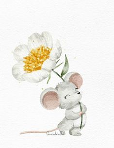 a watercolor painting of a mouse holding a flower