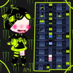 a cartoon character is standing in front of a monster background with green and black colors