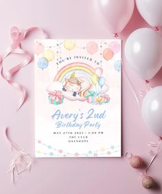 a unicorn birthday party with balloons, streamers and confetti on a pink background