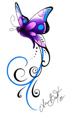 a purple and blue butterfly with swirls on it's wings is flying in the air