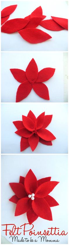 four different views of red felt flowers