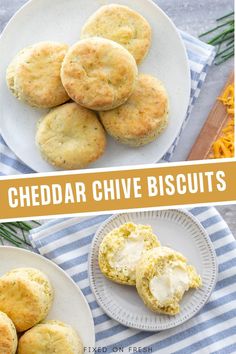 cheddar chive biscuits on a white plate with blue and yellow striped napkin