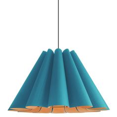 a blue lamp hanging from a ceiling with three lights on each side and one light in the middle