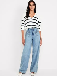 high waisted button front belt loops zip fly front utility pockets back patch pockets sits at belly button super-baggy thigh hits below ankle 30" regular inseam 28" petite inseam 33" tall inseam models are approx.  5'9" and wear sizes s (4), l (12), and xl (18)machine wash according to the care instruction label  . Best Holiday gift for Women , perfect Jeans for Christmas! High Waisted Wide Leg Jeans Outfit, Wide Leg Jeans Outfit, High Waisted Wide Leg Jeans, Jeans Ideas, Disneyland Outfits, Types Of Jeans, Elevate Your Outfit, Fall Winter Wardrobe, Utility Pockets