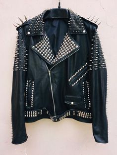 Women Punk Large Silver Spike Studded Leather Jacket on Storenvy Punk Leather Jacket Outfit, Rivethead Goth, Rockstar Jacket, Spiked Leather Jacket, Horror Fashion, Punk Leather Jacket, Battle Jackets, Punk Jacket, Punk Style Outfits