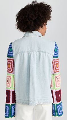 Spring Collared Patchwork Outerwear, Collared Patchwork Outerwear For Spring, Spring Multicolor Outerwear With Patch Pockets, Trendy Multicolor Collared Outerwear, Denim Crochet, Day Dreamer, Knit Sleeve, Blank Nyc, China Fashion