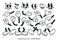 cartoon hand gestures with different expressions and facial expressions, black and white drawing on a white background