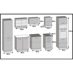 an image of refrigerators and cabinets with measurements for each one in the diagram below