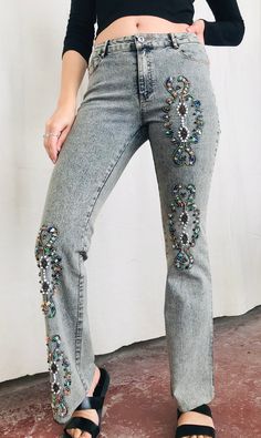 "Vintage Gem Stone Beaded Pant - Small 100% Cotton Variety of gemstones beaded on pant Modeled on a size small Flat measurements: 28\"waist 34\"Hip 41\"length" Stretch Bottoms With Rhinestones For Spring, Spring Stretch Bottoms With Rhinestones, Mid-rise Bottoms With Rhinestones For Spring, Spring Mid-rise Bottoms With Rhinestones, Spring Wide-leg Bottoms With Rhinestones, Wide-leg Rhinestone Bottoms For Spring, Wide Leg Bottoms With Rhinestones For Spring, Embellished Fitted Wide-leg Bottoms, Party Bottoms With Rhinestones And Straight Leg