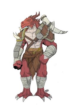 a drawing of a red headed creature with horns and armor on it's chest