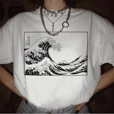 The Great Wave of Kanagawa Printed T-shirt on Storenvy The Wave Shirt, The Great Wave Of Kanagawa, Wave Of Kanagawa, Gothic Tops, The Great Wave, Great Wave Off Kanagawa, Streetwear Summer, Wave Print, Cotton Fashion