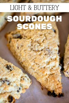 some scones that are sitting on a plate with the words light and buttery