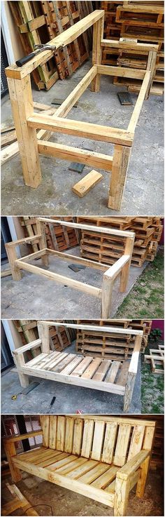 some wooden pallets are stacked up and ready to be used as benches or beds