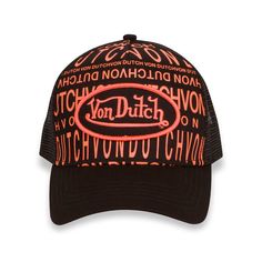 This Classic Snapback Trucker Hat by Von Dutch features our monogram logo design in Orange on Black, a signature logo patch on the front, breathable mesh rear, and an adjustable snapback panel. Black with Orange trucker cap Von Dutch logo patch Breathable black mesh rear Curved bill Adjustable snapback panel One size fits most Black Baseball Cap With Logo Print, Black Trucker Hat With Letter Print For Outdoor, Black Trucker Hat With Letter Print, Black Trucker Hat With Embroidered Logo, Trendy Black Trucker Hat With Embroidered Logo, Curved Bill Mesh Baseball Cap With Embroidered Logo, Mesh Snapback Hat With Embroidered Logo And Curved Bill, Black Mesh Trucker Hat With Curved Visor, Black Visor Hat With Logo Print