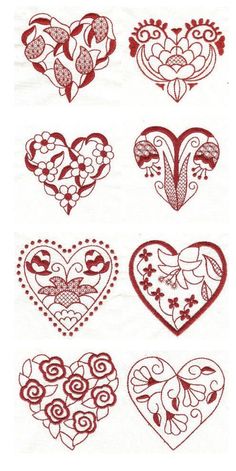 several hearts are drawn in red ink on white paper, each with different designs and colors