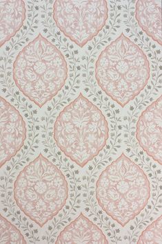 a pink and white wallpaper with an intricate design on it's surface,