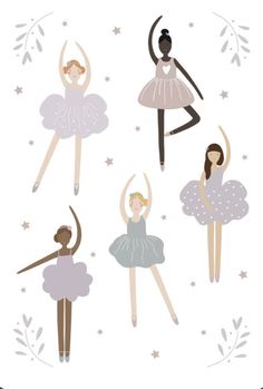 four ballerinas in different poses with stars and wreaths on the wall behind them