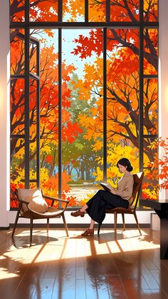 a woman sitting on a chair in front of a large window with autumn trees outside