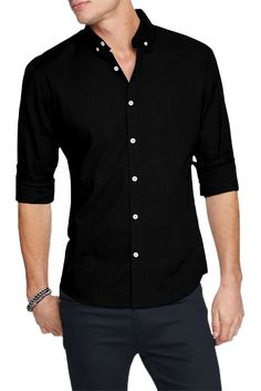 Black Plain Button-down Men’s Shirt Black Button Up With Jeans, Black Cotton Dress Shirt For Spring, Classic Black Button-up Shirt, Black Slim Fit Button-up Dress Shirt, Black Slim Fit Shirt With Button Cuffs, Black Slim Fit Dress Shirt For Spring, Casual Black Slim Fit Dress Shirt, Black Dress Shirt With Buttons For Spring, Black Button-up Shirt For Business Casual