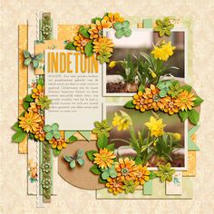 a scrapbook page with yellow flowers and green leaves in the center, along with a butterfly