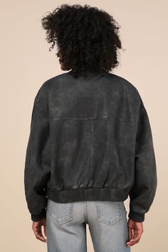 Coveted OOTDs come effortlessly with the Lulus Cool Expedition Washed Black Vegan Leather Bomber Jacket! Smooth vegan leather boasts a washed effect that creates the perfect lived-in look as it shapes a collarless design and long sleeves with fitted cuffs. A silver zipper at the center and two welt pockets with snap closures accent the bomber-style bodice. Contrasting ribbed knit accents the neckline, cuffs, and banded hem. Fit: This garment fits true to size. Length: Size medium measures 23.5" Distressed Leather Outerwear For Streetwear, Casual Distressed Leather Biker Jacket, Distressed Washed Black Outerwear For Spring, Urban Washed Black Outerwear For Fall, Urban Style Washed Black Outerwear For Fall, Distressed Leather Jacket For Streetwear In Fall, Distressed Leather Jacket For Fall Streetwear, Urban Style Acid Wash Outerwear For Fall, Trendy Acid Wash Outerwear For Fall