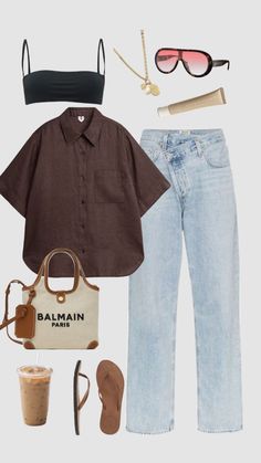 a woman in brown shirt and jeans with sunglasses on her head, purse, handbag and shoes