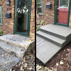 two pictures of steps leading up to the front door of a brick house with green trim