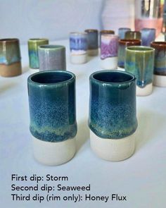 there are many different cups on the table with words above them that read first dip storm second dip seaweed third dip only honey