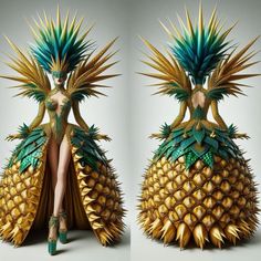 two pictures of a woman dressed as a pineapple with spikes on her head and legs